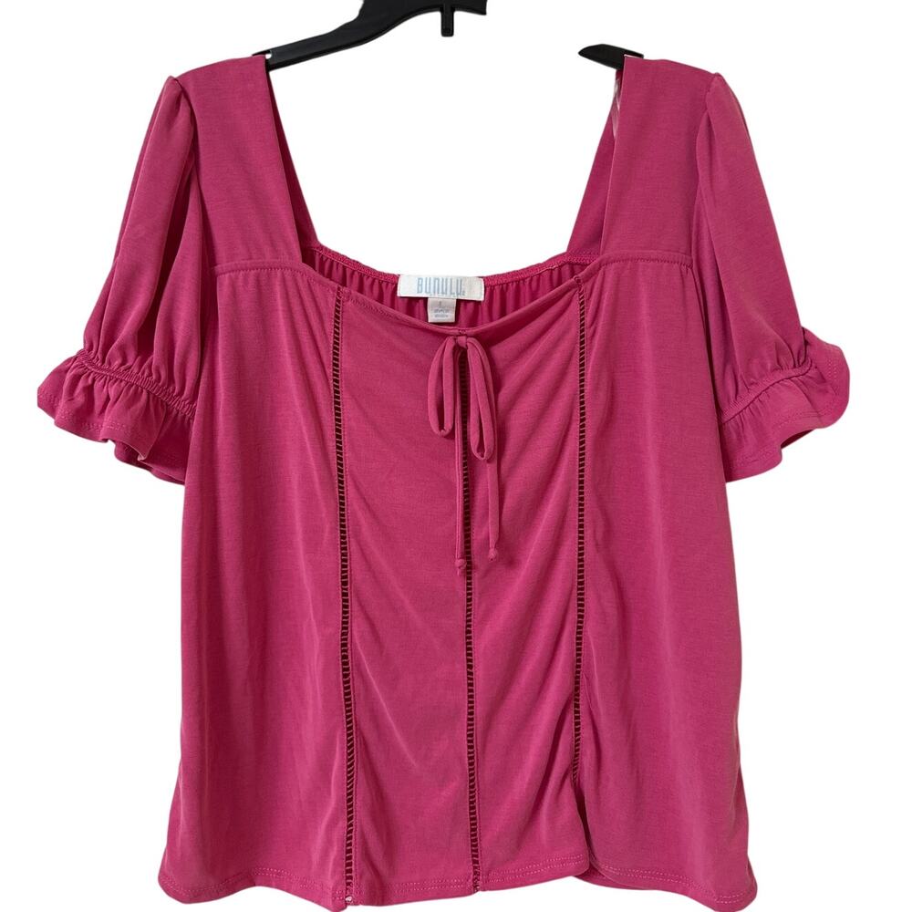 NWT Bunulu Large Pink, Short Sleeve Boat, Neck Top With Cut out Accents Tie Neck